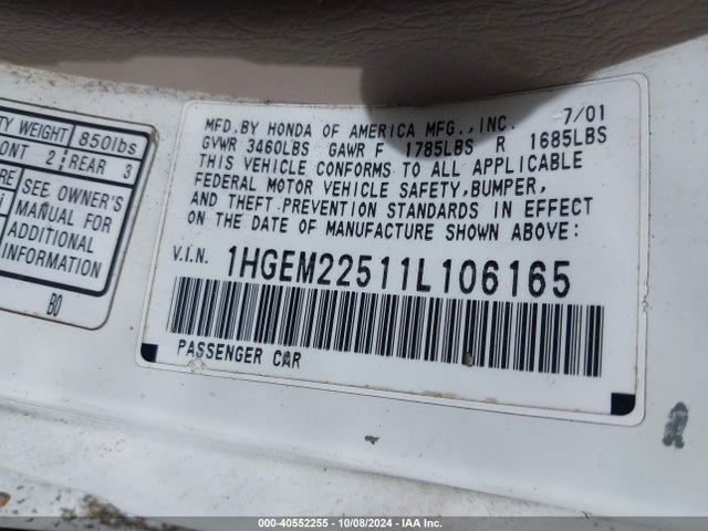 2001 Honda Civic Lx მანქანა იყიდება აუქციონზე, vin: 1HGEM22511L106165, აუქციონის ნომერი: 40552255