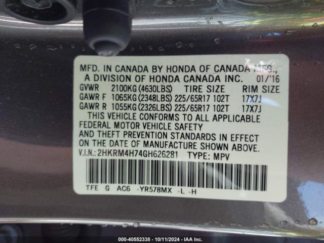 2HKRM4H74GH626281 Honda Cr-v Ex-l