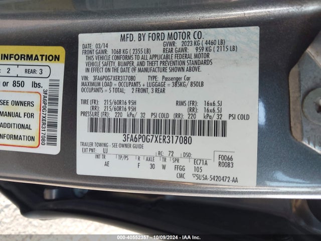 Ford FUSION S 2014 3FA6P0G7XER317080 Image 9