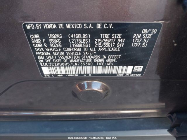 3CZRU6H57LM735360 Honda Hr-v Awd Ex