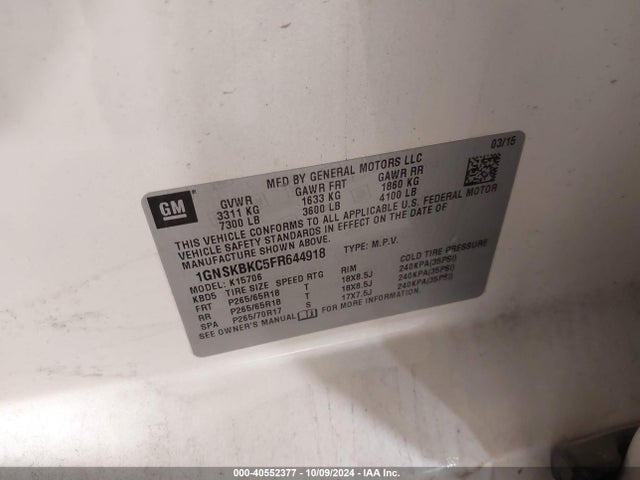 Chevrolet Tahoe Lt 2015 1GNSKBKC5FR644918 Image 9