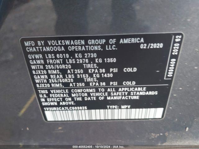 1V2UR2CA7LC503825 Volkswagen Atlas 3.6l V6 Se W/technology