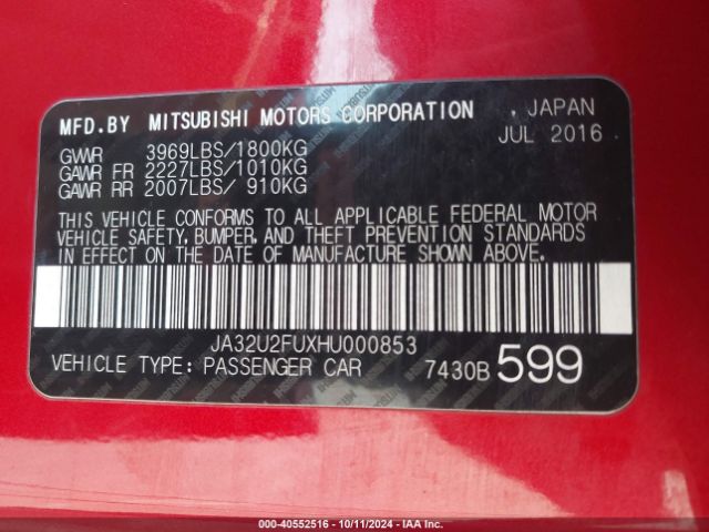 JA32U2FUXHU000853 Mitsubishi LANCER ES