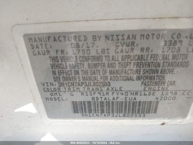 3N1CN7AP3JL802553 Nissan Versa 1.6 S