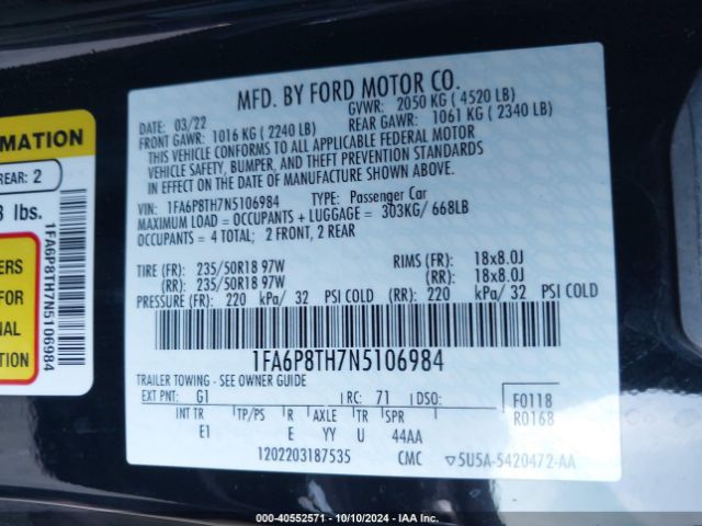 1FA6P8TH7N5106984 Ford Mustang Ecoboost Premium