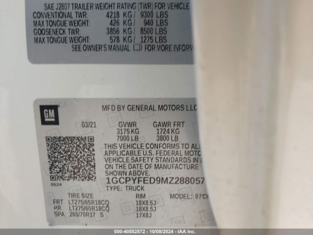 1GCPYFED9MZ288057 Chevrolet Silverado 1500 4wd  Short Bed Lt Trail Boss