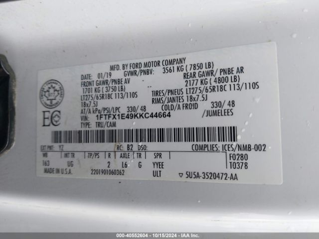 1FTFX1E49KKC44664 Ford F-150 Xlt