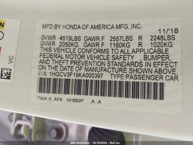 1HGCV3F19KA000397 Honda ACCORD HYBRID