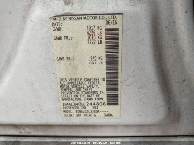 1N4AL3AP2GC244806 Nissan Altima 2.5/2.5 S/2.5 Sl/2.5 Sr/2.5 Sv