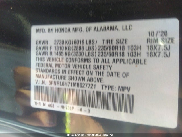 Honda Odyssey Ex-l 2021 5FNRL6H71MB027721 Image 9