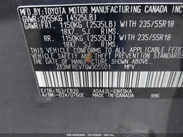 2T3NFREV7GW305501 Toyota RAV4 SE