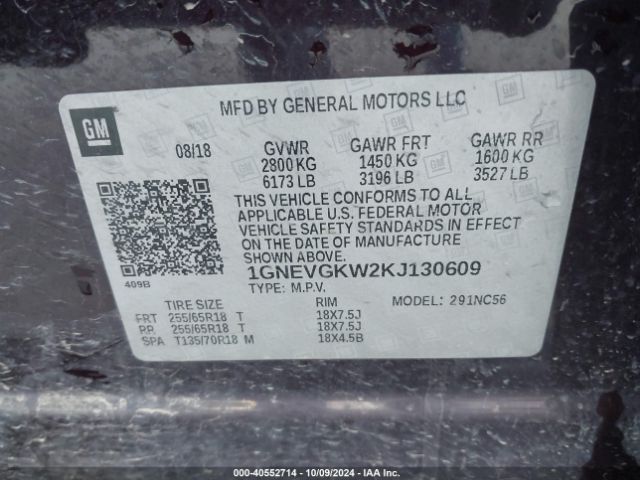 1GNEVGKW2KJ130609 Chevrolet Traverse 1lt
