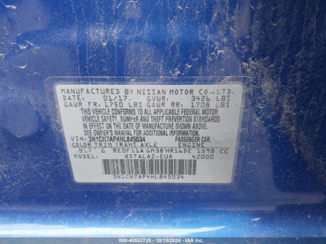 3N1CN7AP4HL845034 Nissan Versa 1.6 S+
