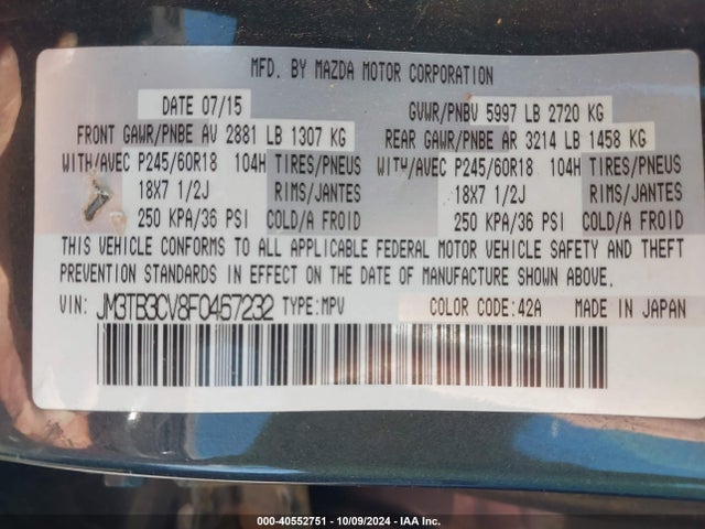 Mazda Cx-9 Touring 2015 JM3TB3CV8F0467232 Image 9