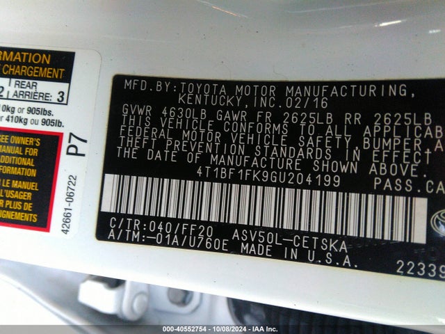 Toyota CAMRY SE 2016 4T1BF1FK9GU204199 Image 9