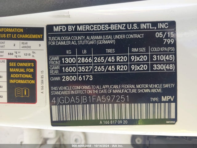 Mercedes-Benz ML 350 2015 4JGDA5JB1FA597251 Image 9