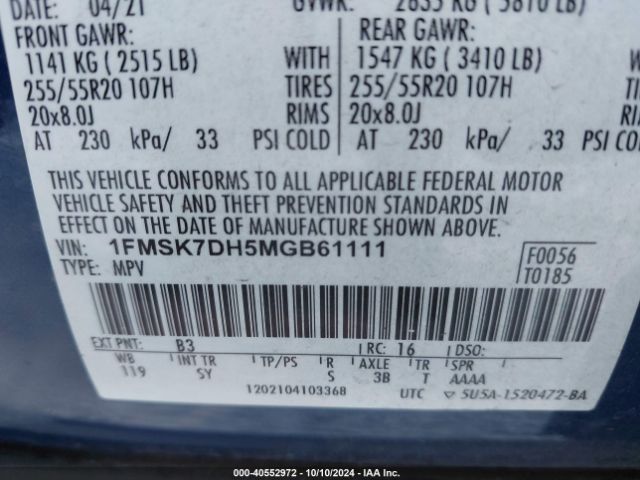 1FMSK7DH5MGB61111 Ford EXPLORER XLT