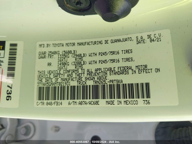 Toyota Tacoma Sr/sr5 2021 3TYAX5GNXMT021931 Image 9