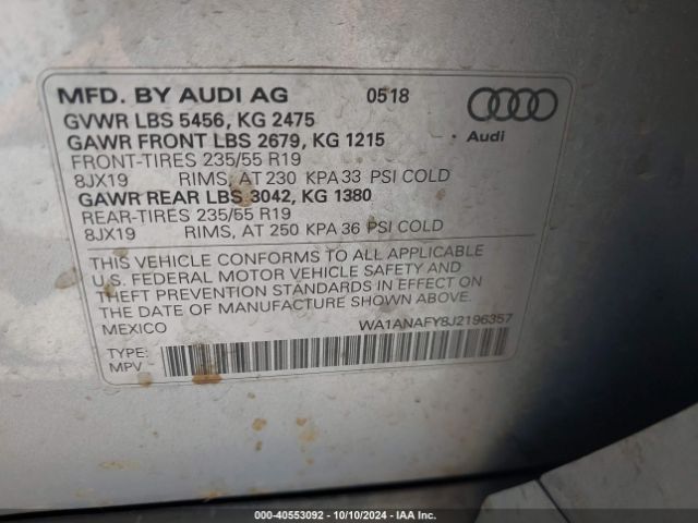 WA1ANAFY8J2196357 Audi Q5 2.0t Premium/2.0t Tech Premium