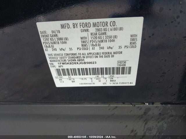 Ford EXPLORER XLT 2018 1FM5K8D8XJGB50023 Image 9