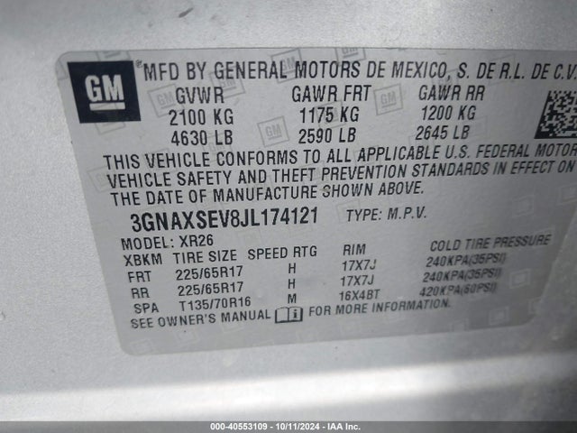 Chevrolet EQUINOX LT 2018 3GNAXSEV8JL174121 Image 9