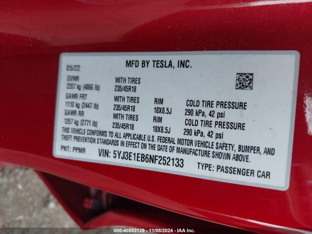 2022 TESLA MODEL 3 5YJ3E1EB6NF252133 Photo 8