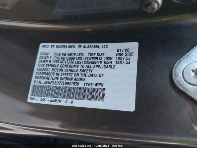 5FNRL6H77LB041038 Honda Odyssey Ex-l/ex-l W/navi   Res