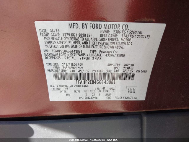 Ford TAURUS SEL 2016 1FAHP2E84GG143081 Image 9