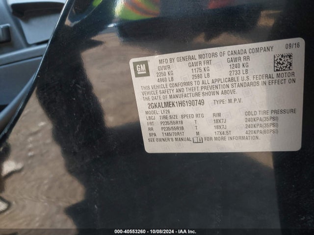GMC Terrain Sle-1 2017 2GKALMEK1H6190749 Image 9