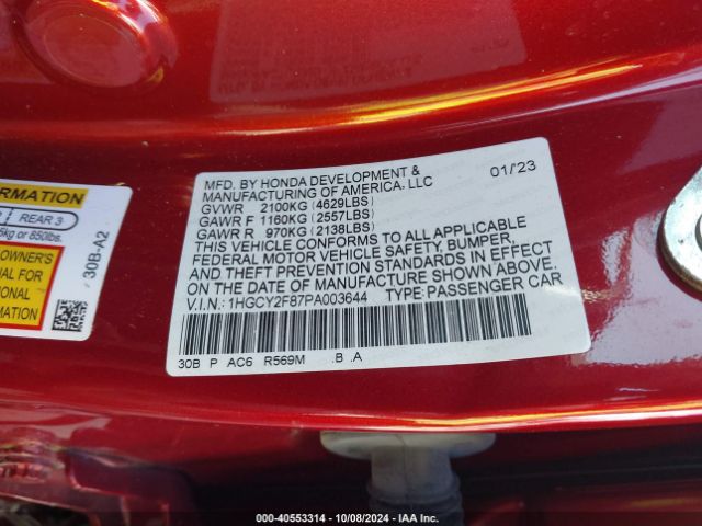 1HGCY2F87PA003644 Honda Accord Hybrid Touring