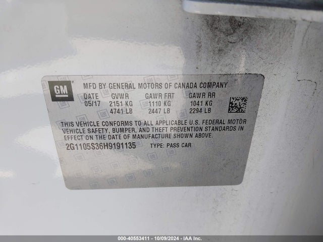 Chevrolet IMPALA 1LT 2017 2G1105S36H9191135 Image 9