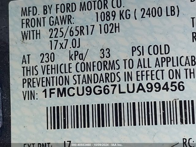 Ford ESCAPE SE 2020 1FMCU9G67LUA99456 Image 9