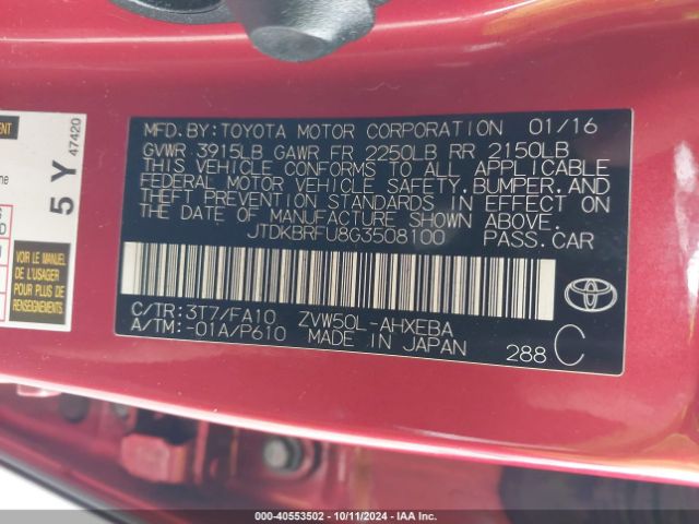 JTDKBRFU8G3508100 Toyota Prius Two