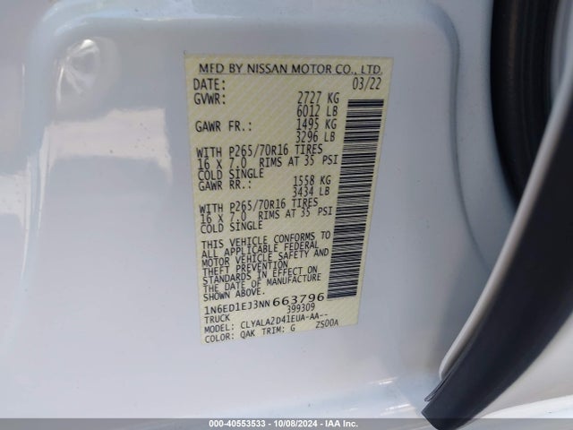 Nissan Frontier S 4x2 2022 1N6ED1EJ3NN663796 Image 9