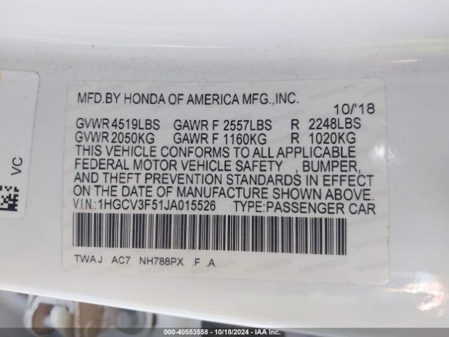 1HGCV3F51JA015526 Honda Accord Hybrid Ex-l