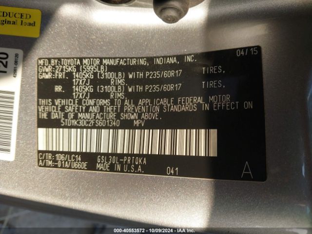 5TDYK3DC2FS601340 Toyota Sienna Xle Premium 8 Passenger