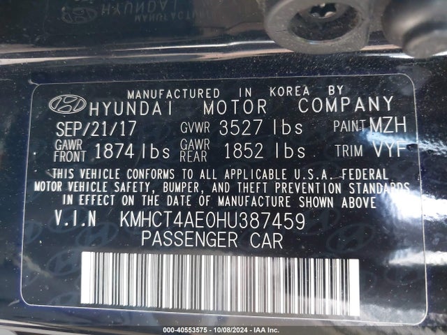 Hyundai ACCENT SE 2017 KMHCT4AE0HU387459 Image 9