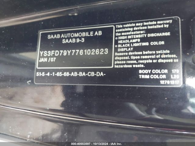 2007 SAAB 9-3 YS3FD79Y776102623 Photo 8
