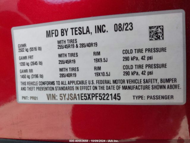 5YJSA1E5XPF522145 Tesla Model S Dual Motor All-wheel Drive/standard Range