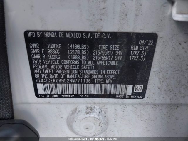 3CZRU6H52NM771136 Honda Hr-v Awd Ex