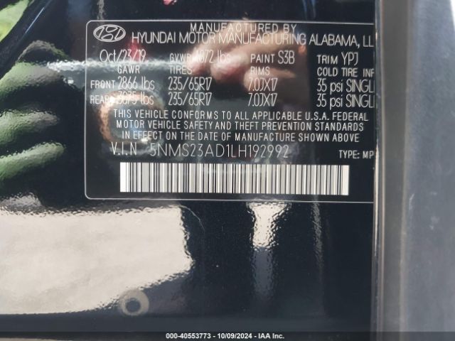 5NMS23AD1LH192992 Hyundai Santa Fe Se