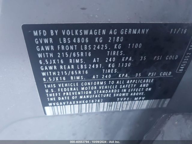 WVGAV7AX9HK016767 Volkswagen Tiguan 2.0t/2.0t S
