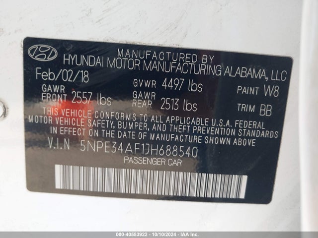 Hyundai Sonata Limited 2018 5NPE34AF1JH688540 Image 9