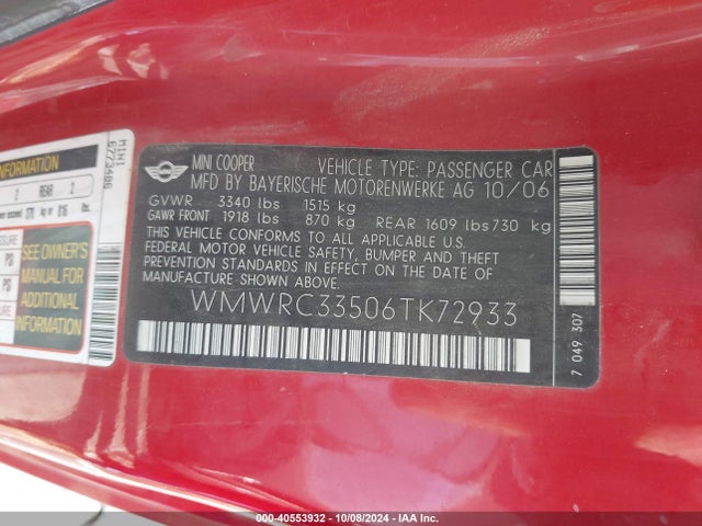 2006 MINI COOPER WMWRC33506TK72933 Photo 8