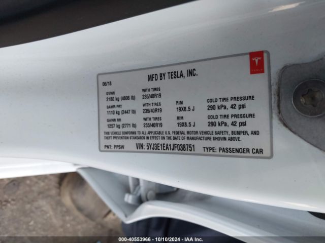5YJ3E1EA1JF038751 Tesla Model 3 Long Range/mid Range