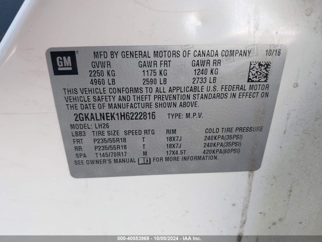 GMC Terrain Sle-2 2017 2GKALNEK1H6222816 Image 9