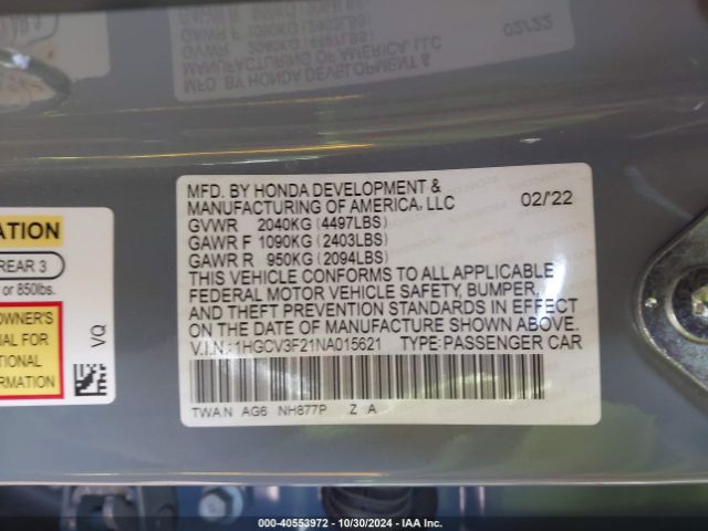 1HGCV3F21NA015621 Honda Accord Hybrid Sport