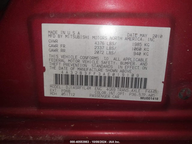 2010 MITSUBISHI GALANT 4A32B3FF3AE019109 Photo 8