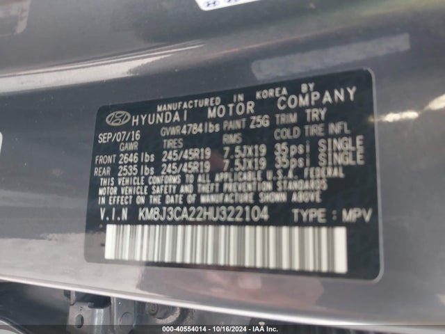 Hyundai Tucson Limited 2017 KM8J3CA22HU322104 Image 9