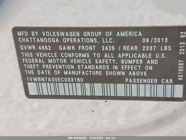 1VWBN7A30EC033160 Volkswagen Passat 2.0l Tdi Se